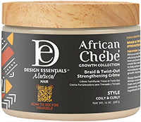 A container of DESIGN ESSENTIALS CHEBE BRAID TWIST OUT STRENGTHENING CREME with a wooden lid, predominantly black label with white and orange text, and an image of an African mask.